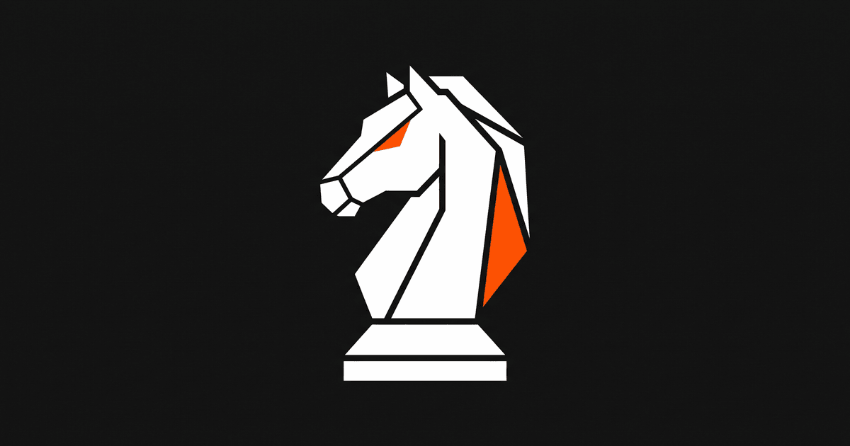 A bold geometric chess knight with an orange accent, in HOC brand style.