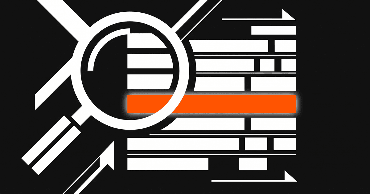 A magnifying glass over stacked data rows with one orange row highlighted.