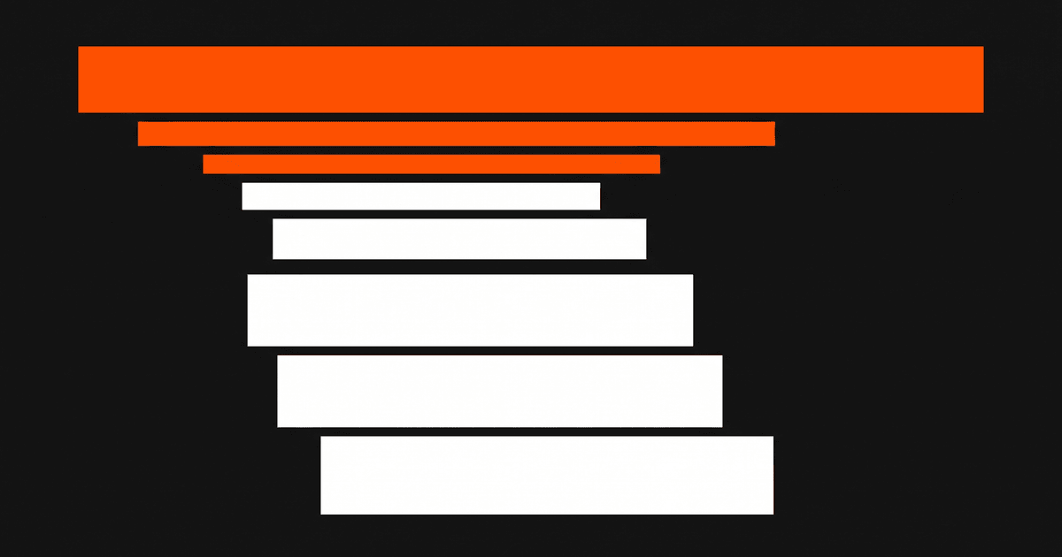 A stack of search-result rows with an orange layer expanding across the top.