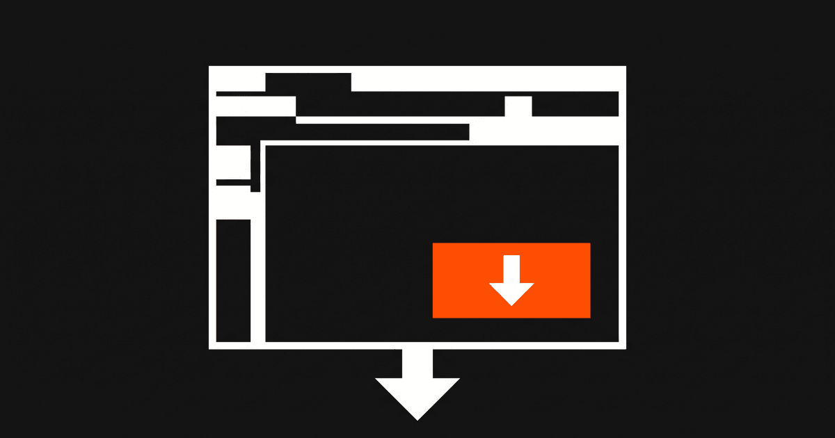 A browser window with an orange call-to-action button and a downward arrow.