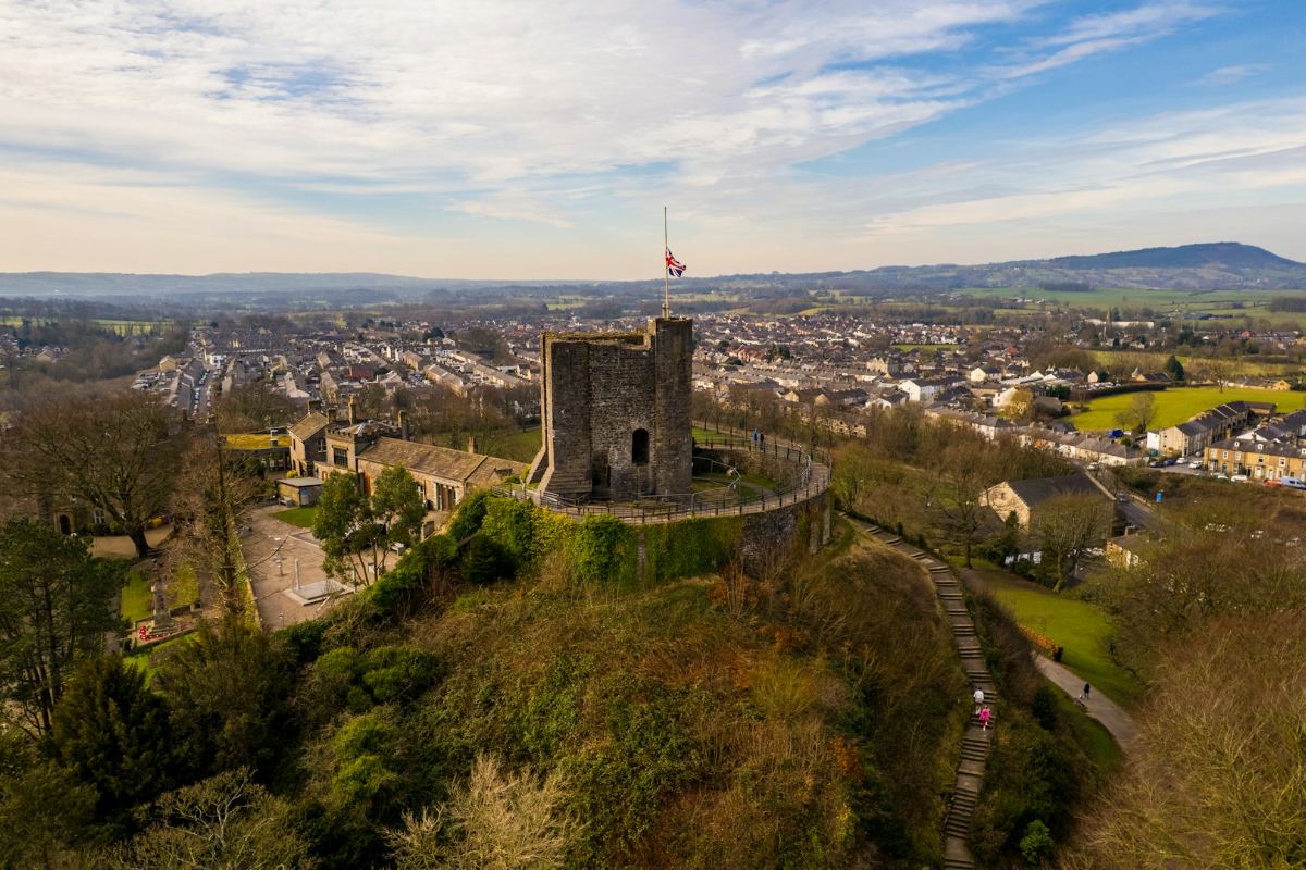 Clitheroe Castle and the Lancashire countryside from the air